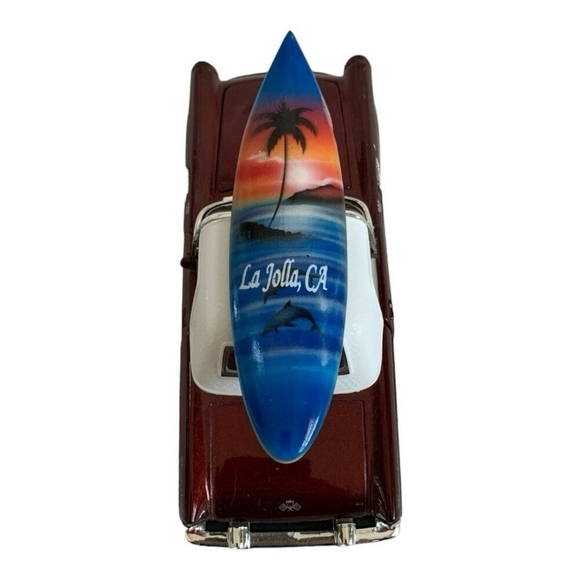 1955 Ford Thunderbird Burgundy Red Die-Cast Model with La Jolla Surfboard Rare - Picture 4 of 5